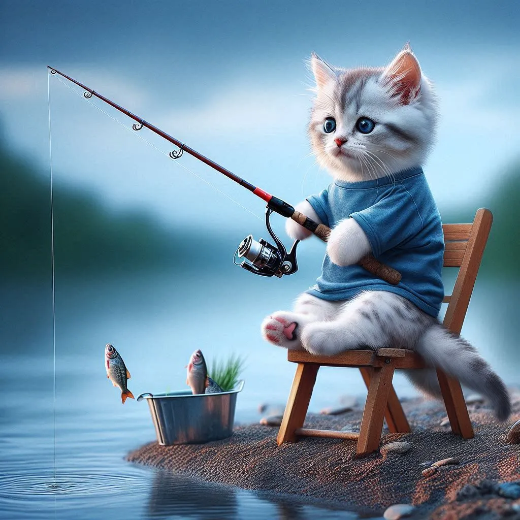 a cat is sitting on a chair fishing