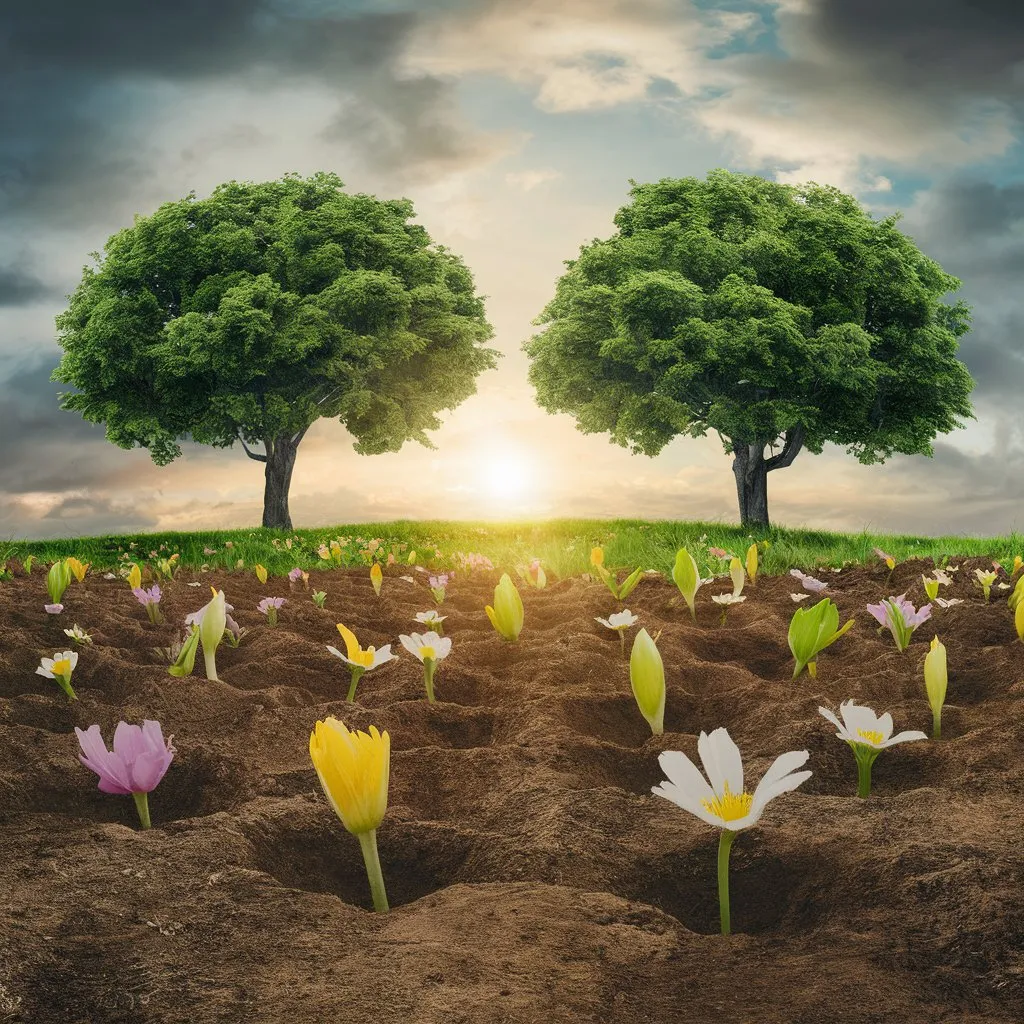 a field of flowers with trees in the background