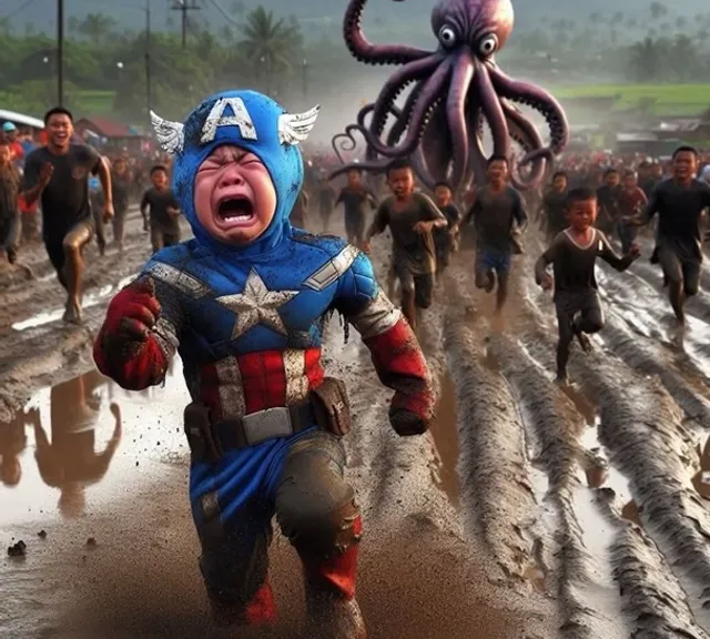 a little captain america running away from huge octopus