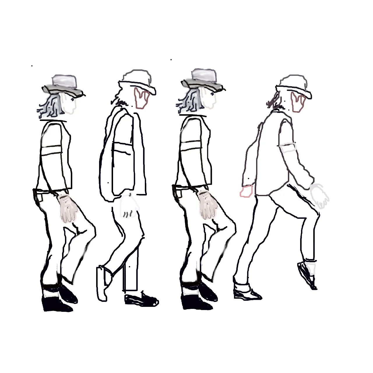 a drawing of a man walking with a hat and dancing moonwalk 