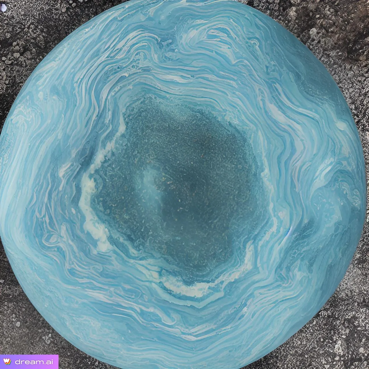 a blue bowl sitting on top of a cement ground