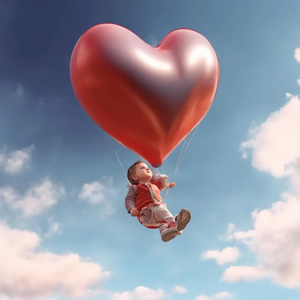 a child flying in the air with a heart shaped balloon