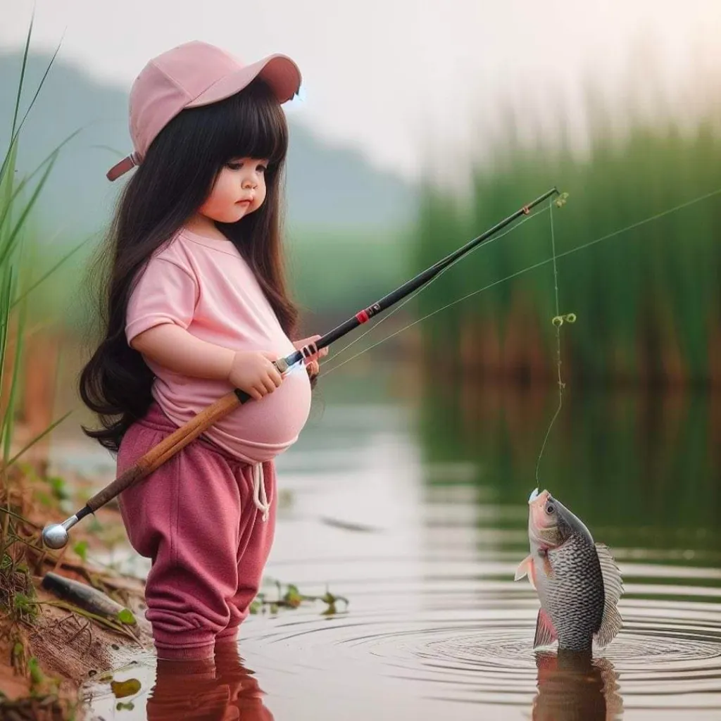 a little girl holding a fishing rod and a fish