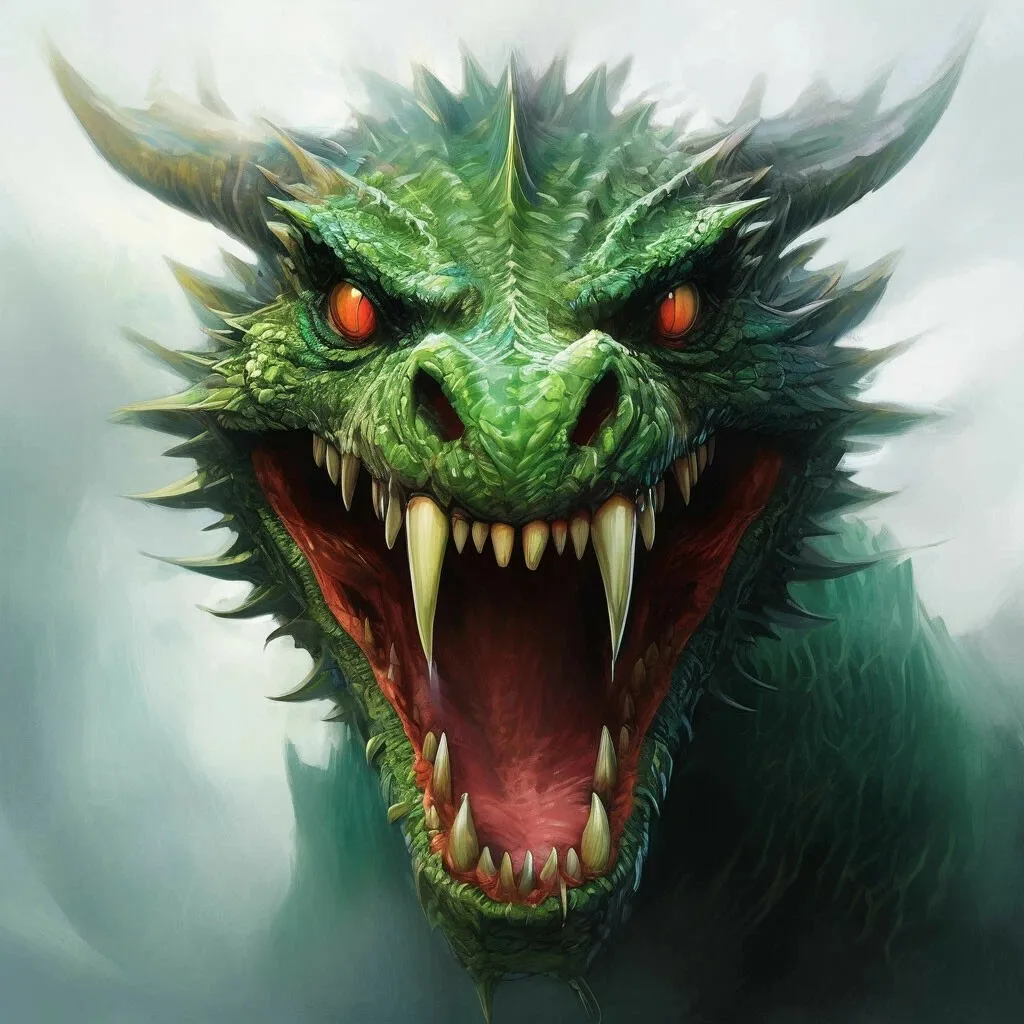 a close up of a green dragon with its mouth opendragon head.    mouth open.    eyes are green.    sharp teeth.  bites the fire