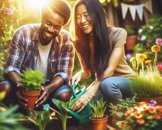 a man and woman in a garden with potted plants