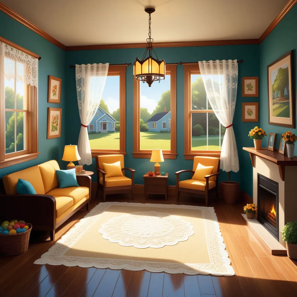 a painting of a living room with blue walls