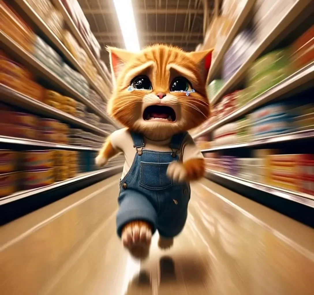 a cat is running through a grocery store aisle