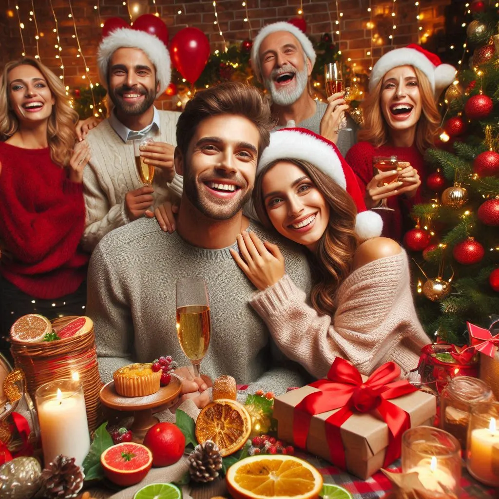 a group of people celebrating christmas with food and drinks