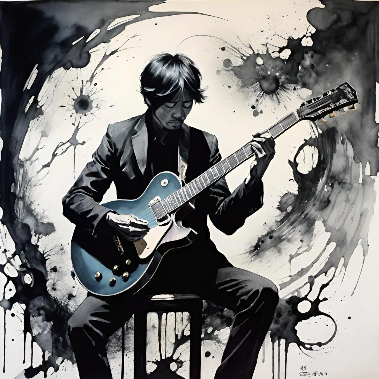 a painting of a man playing a guitar