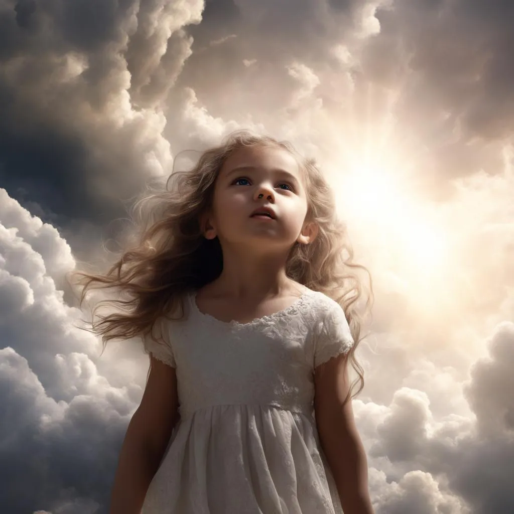 a little girl standing in front of a cloudy sky