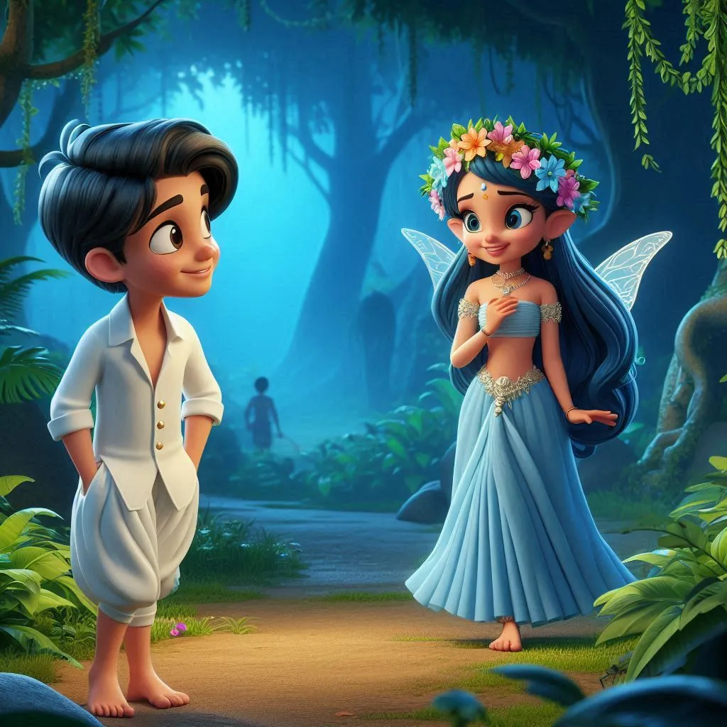 a handsome boy wearing white shirt and white dhoti talking  to a beautiful fairy with long  blue hair wearing blue lehehenga smiling ,flowers  on the head in the jungle at night   standng barefoot in jungle  3D animation cartoon  