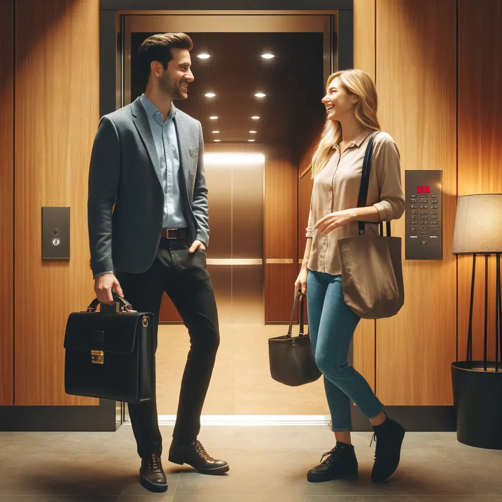 a man and a woman standing in an elevator