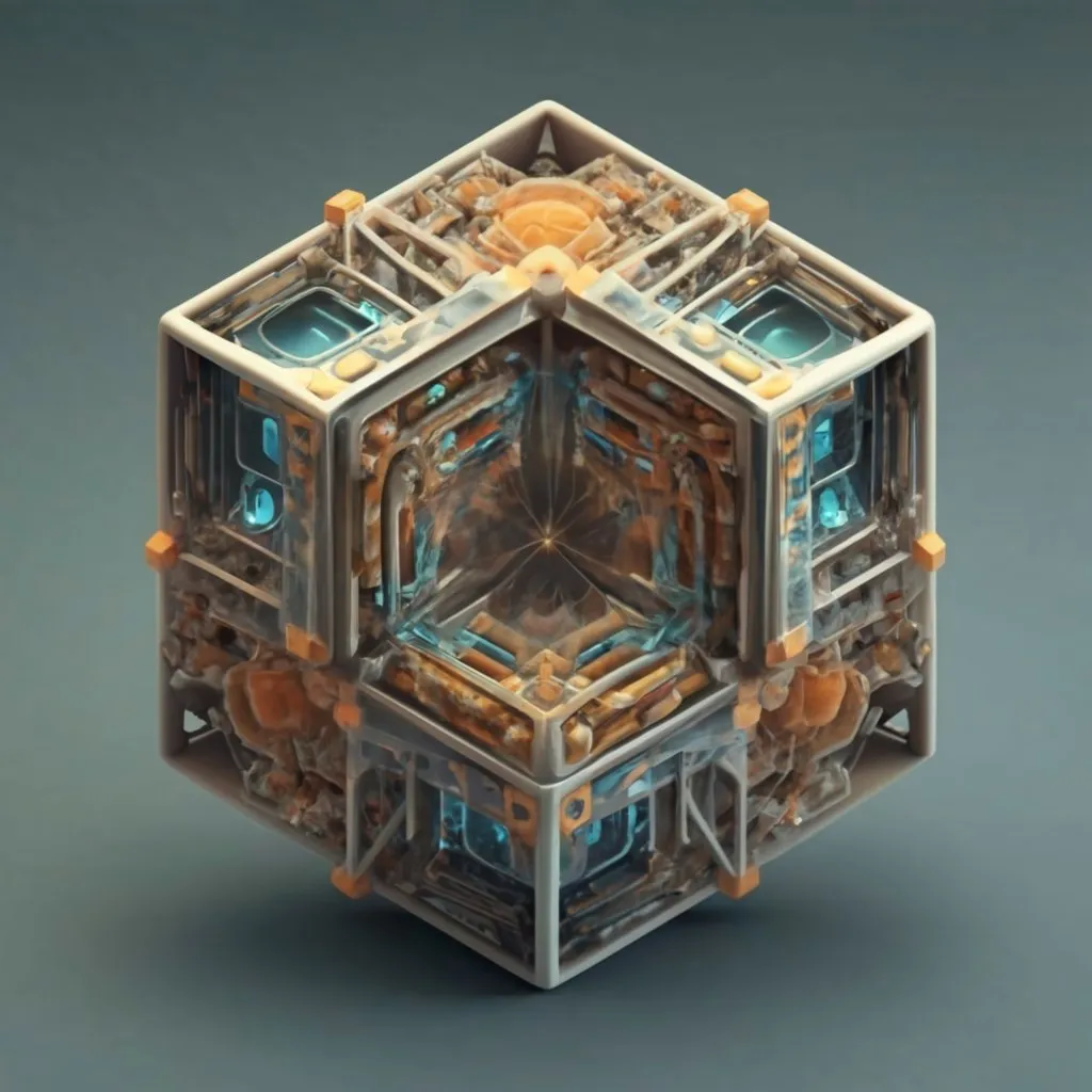 a 3d rendering of a cube made of metal and glass