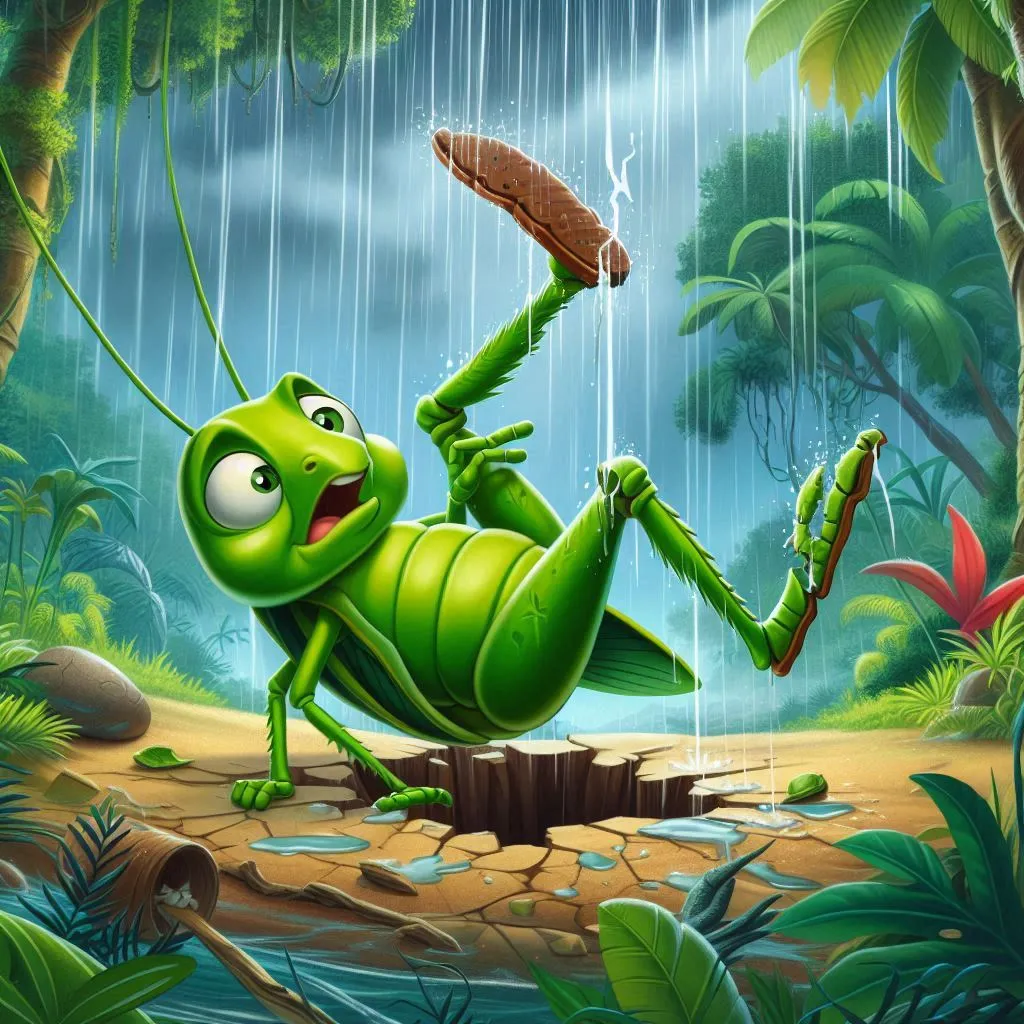 a green insect with an umbrella in the rain