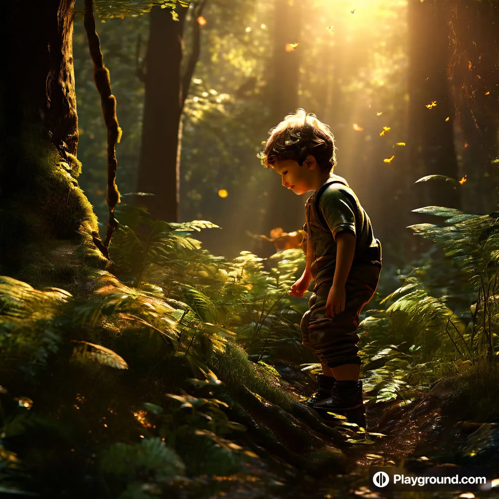 a young boy standing in the middle of a forest