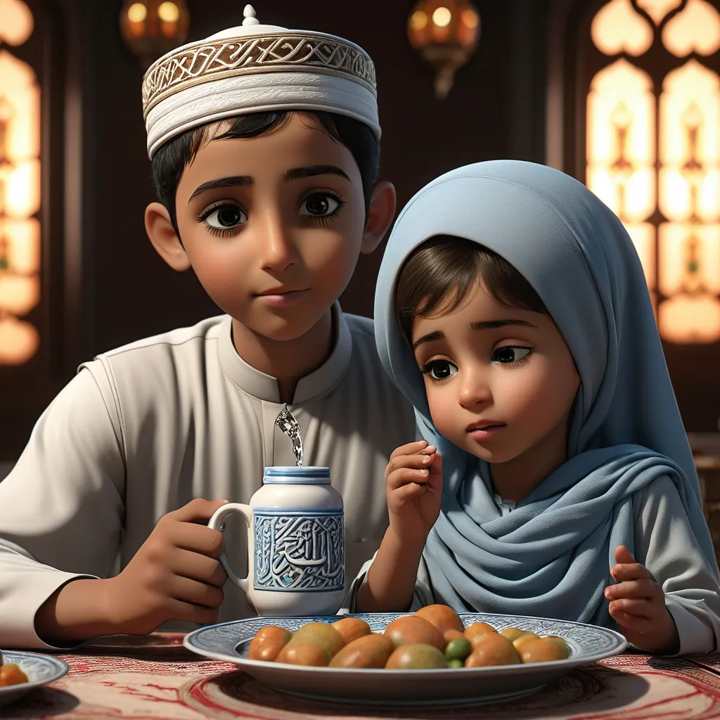 a boy and a girl sitting at a table with a plate of fruit