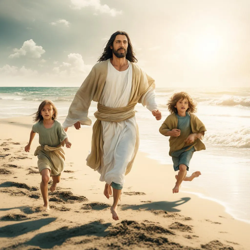 a man and two children running on the beach