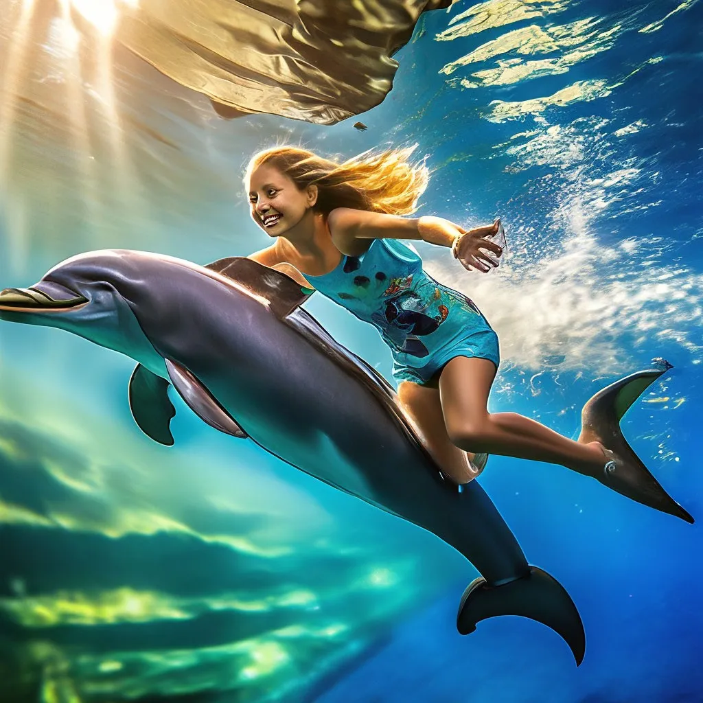 a woman riding on the back of a dolphin under water