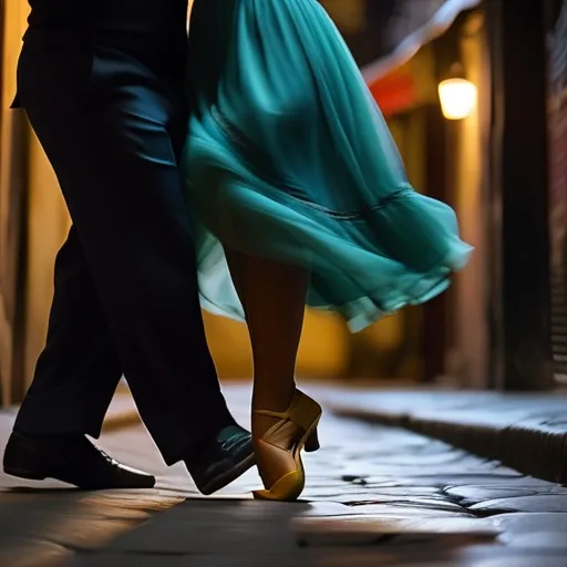 The woman and man ' feet dancing together in rhythm as they move through dimly lit alleys.