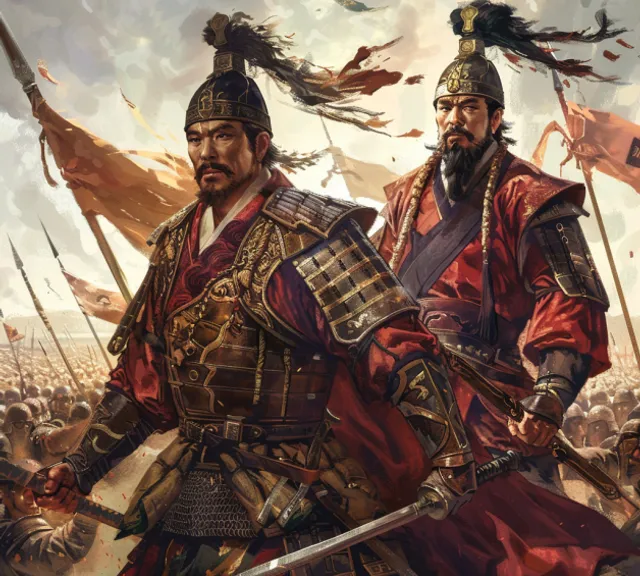 a painting of two men in armor with flags in the background