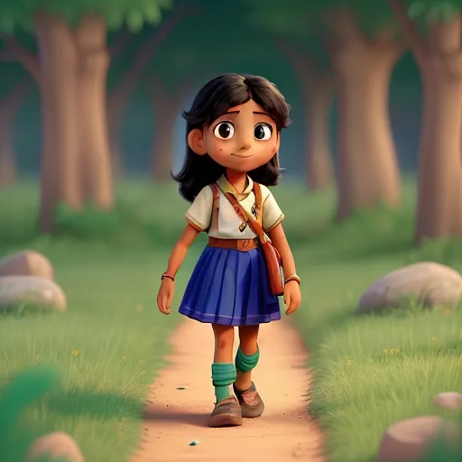 a cartoon girl walking down a path in a forest