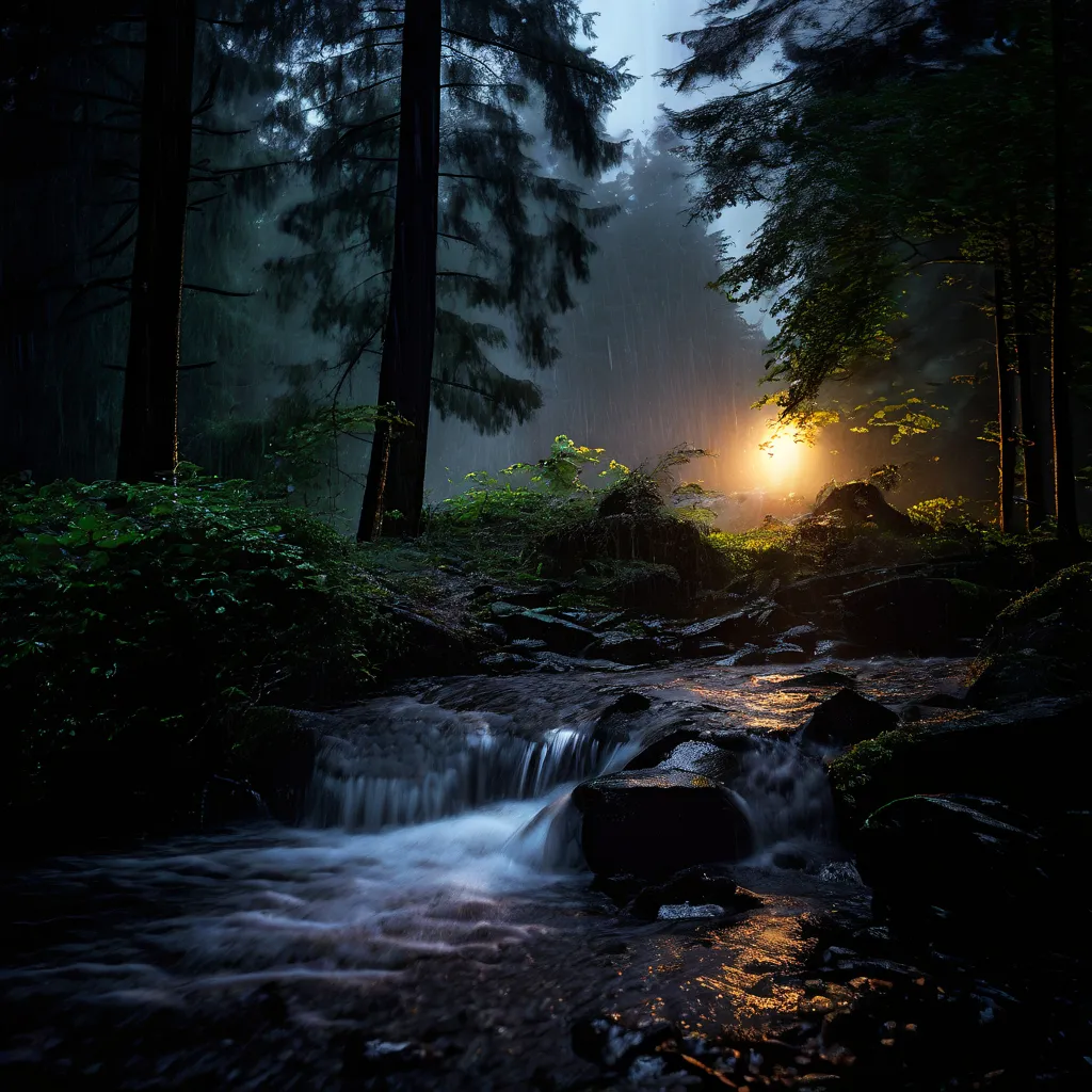 a stream running through a forest at night