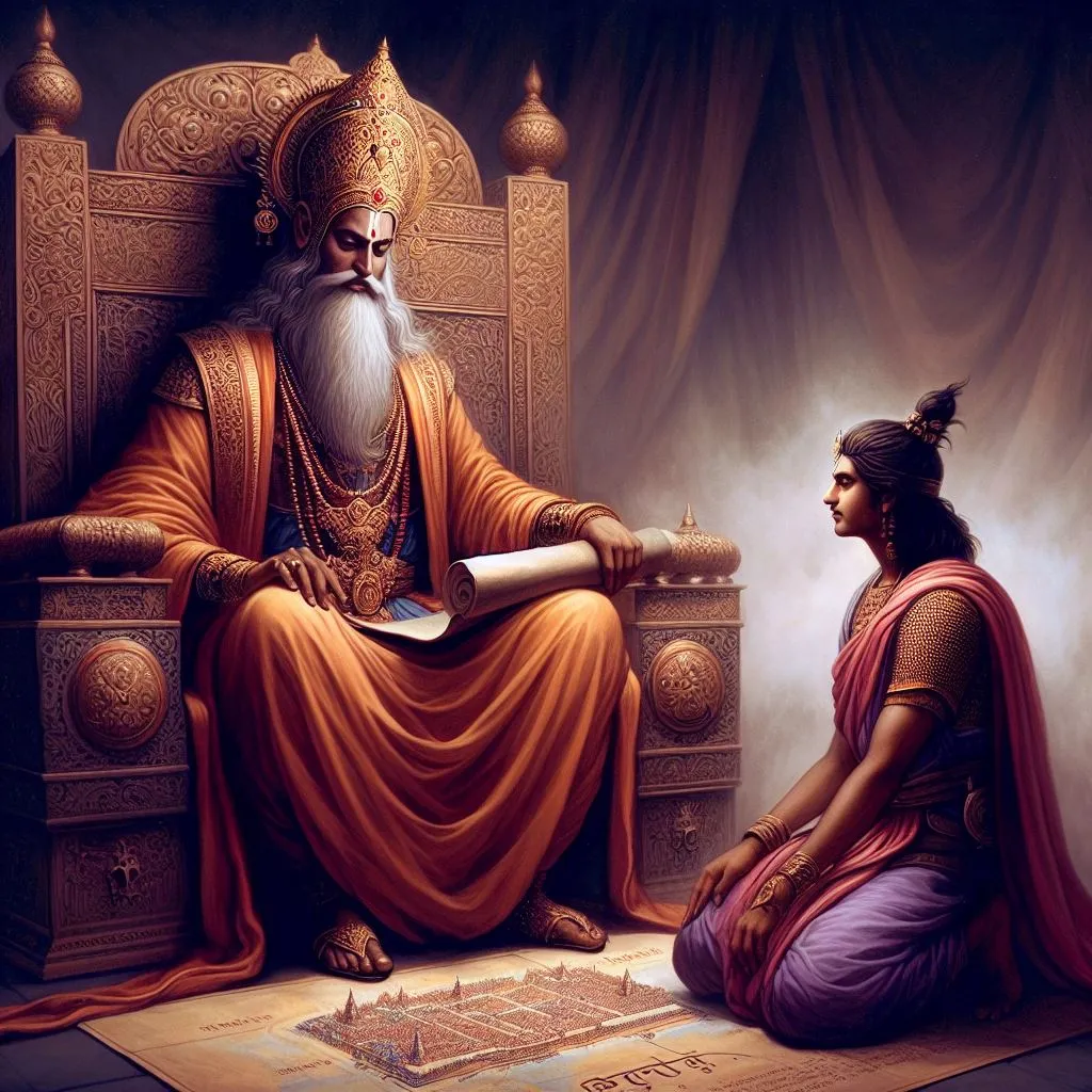 a painting of a man sitting on a throne next to a man. His name is  Dhritarashtra and he said, "What did my people and the sons of Pandu do when they had assembled together, eager for battle, on the holy plain of Kurukshetra, O Sanjaya?"