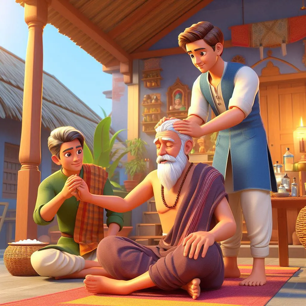 a cartoon scene of a man being assisted by a boy