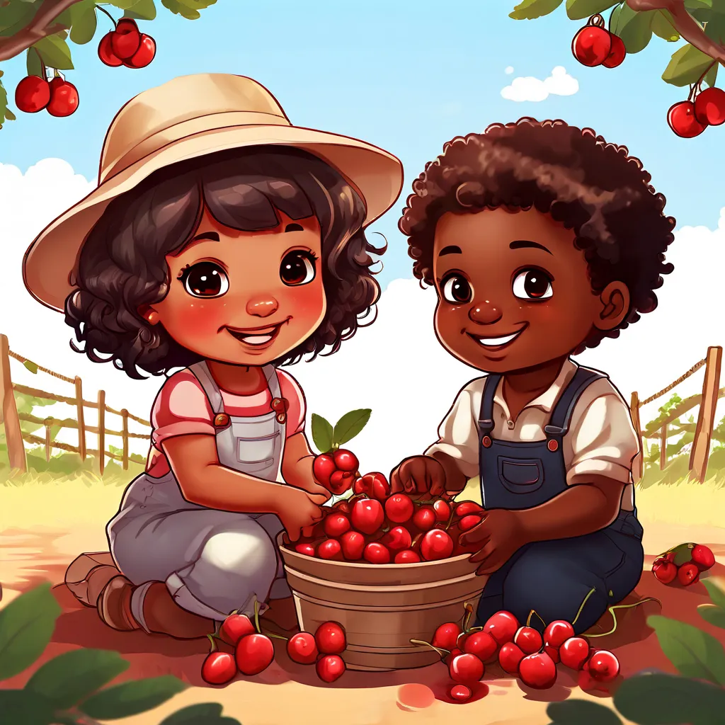 two children picking cherries from a basket under a tree