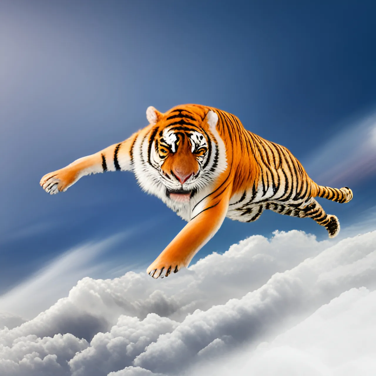 a tiger is flying through the air above the clouds