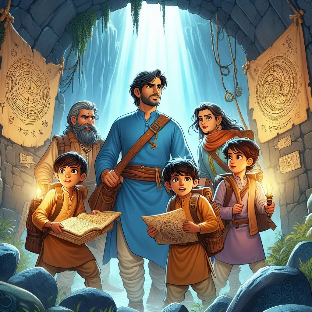 man in blue kurta and the children, equipped with ancient maps and magical compasses, stand at the edge of a hidden cave, the entrance of which is marked by ancient runes. The group looks ready to dive into the adventure, with excitement and determination in their eyes.