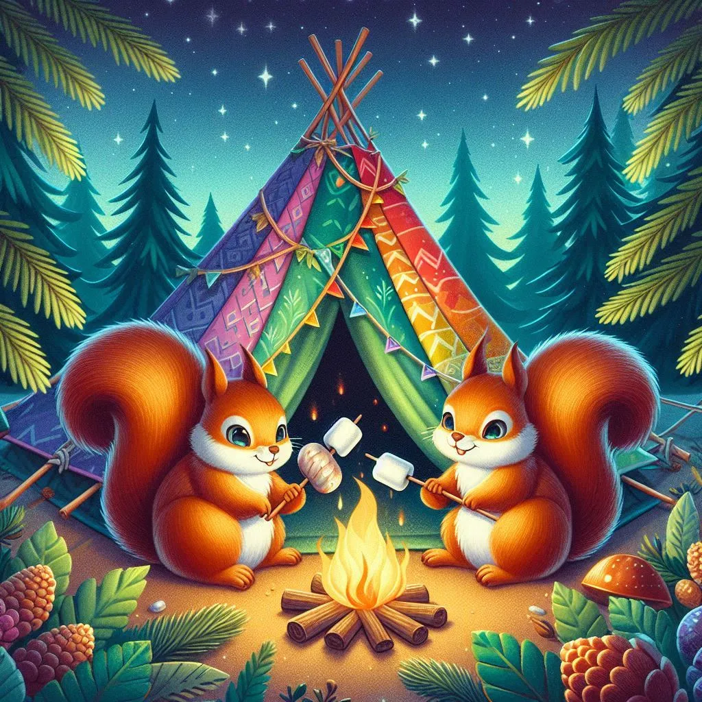 a painting of two squirrels sitting in front of a campfire