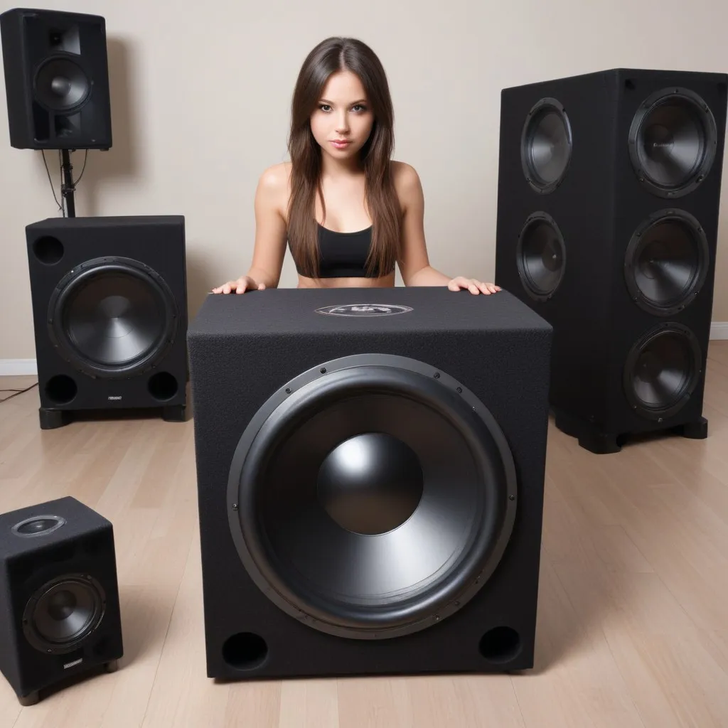 a woman sitting in front of speakers on a wooden floor