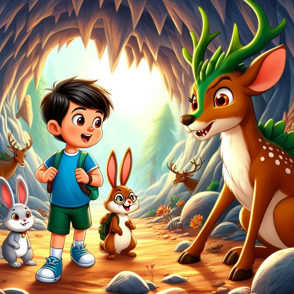 a boy standing in front of a cave with animals