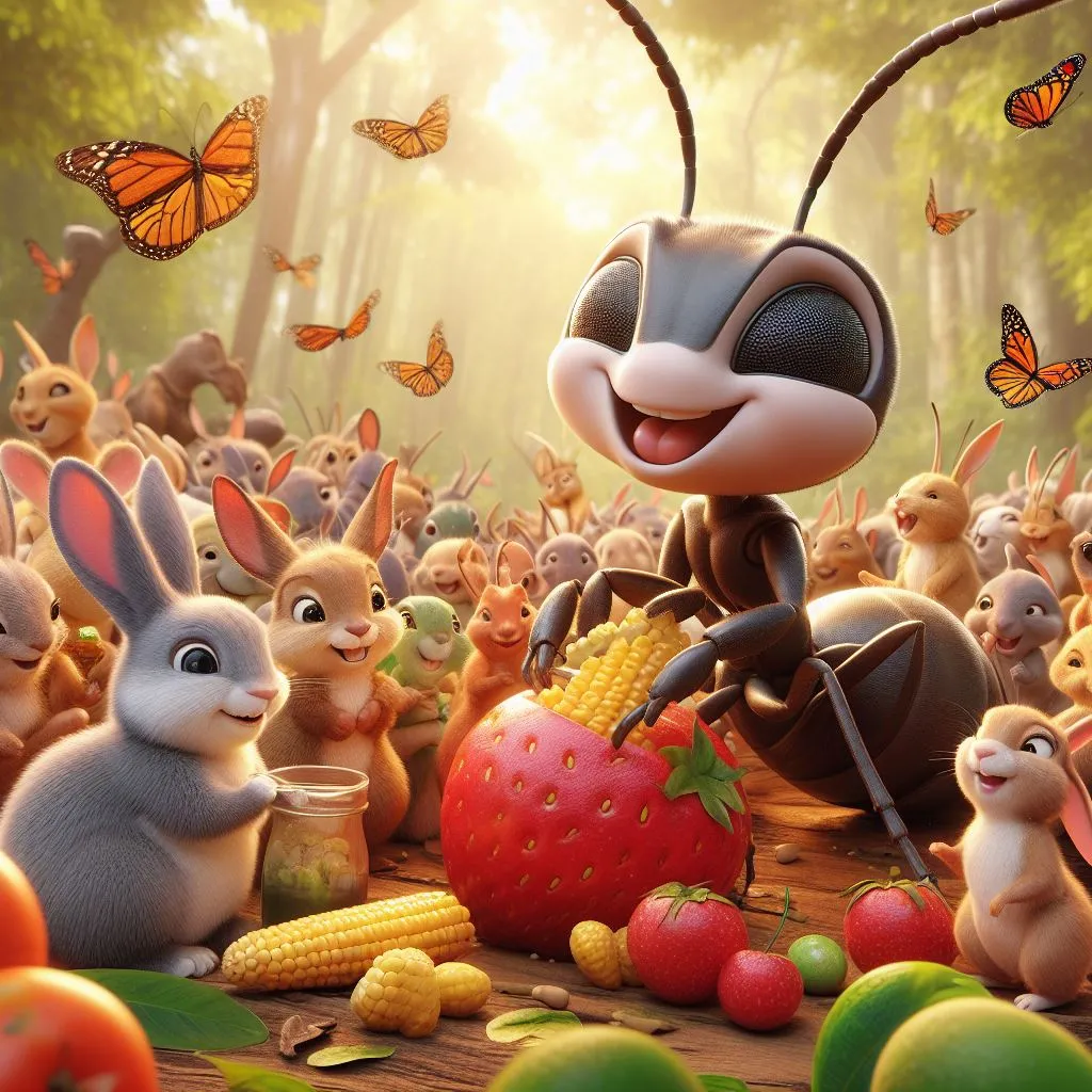 a cartoon character surrounded by rabbits and other animals