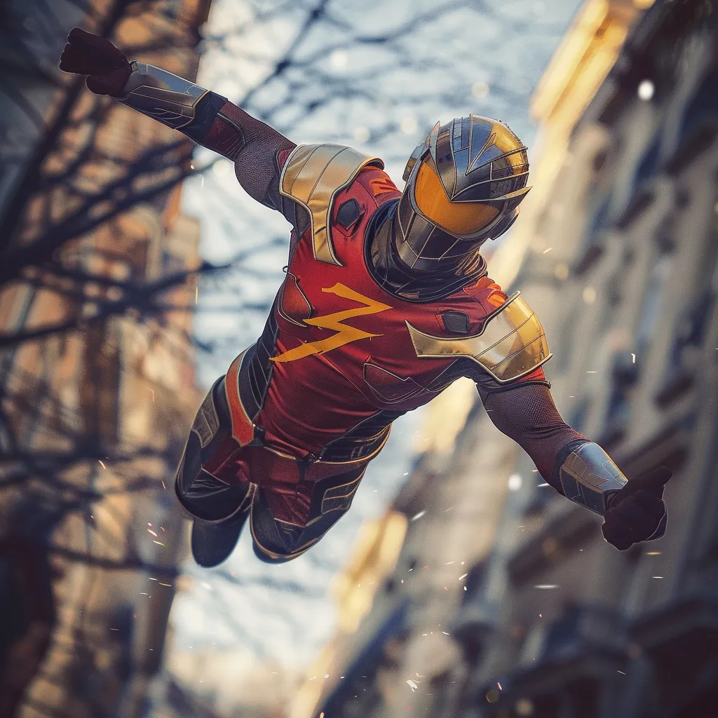 a man in a red and yellow suit is flying through the air