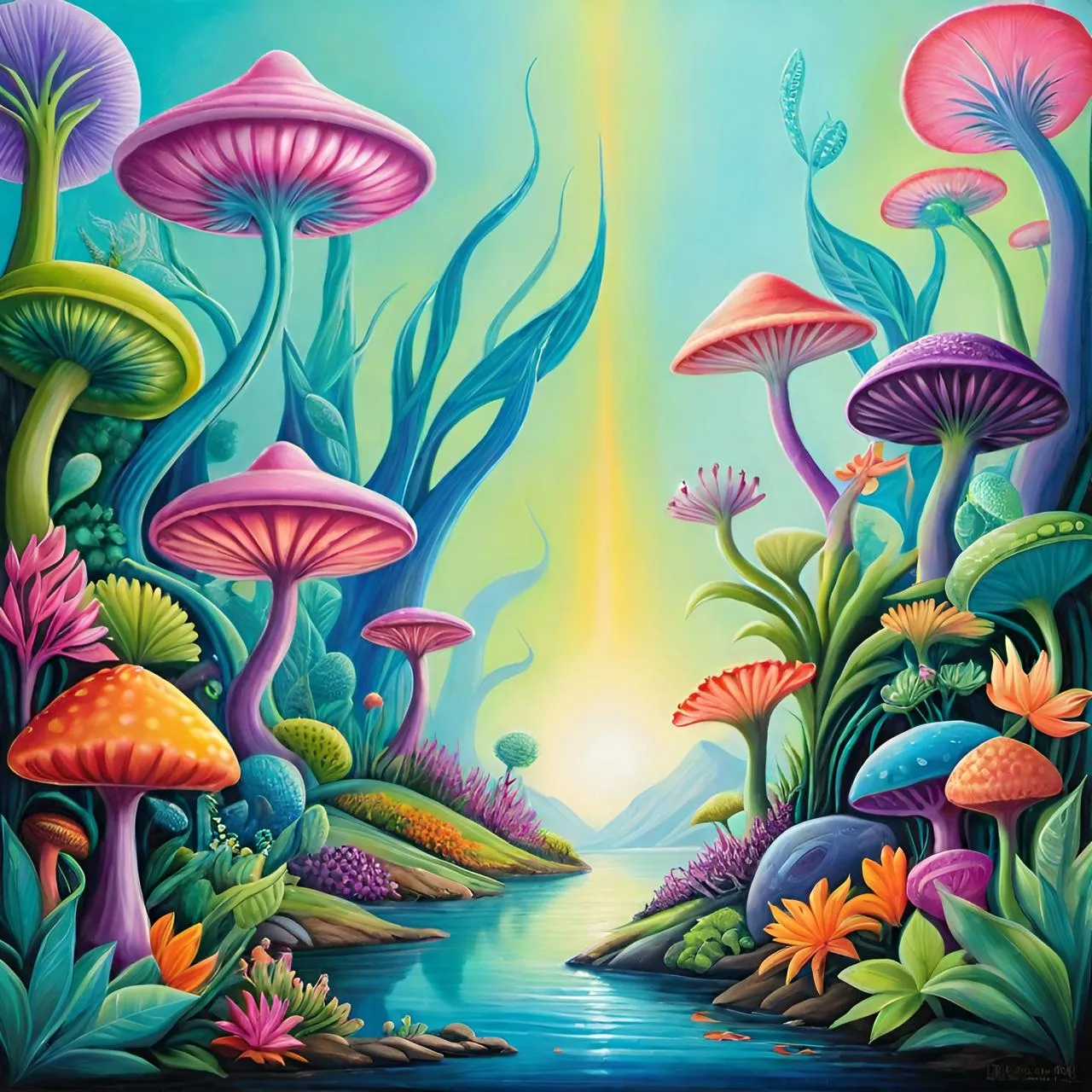 a painting of a river surrounded by mushrooms