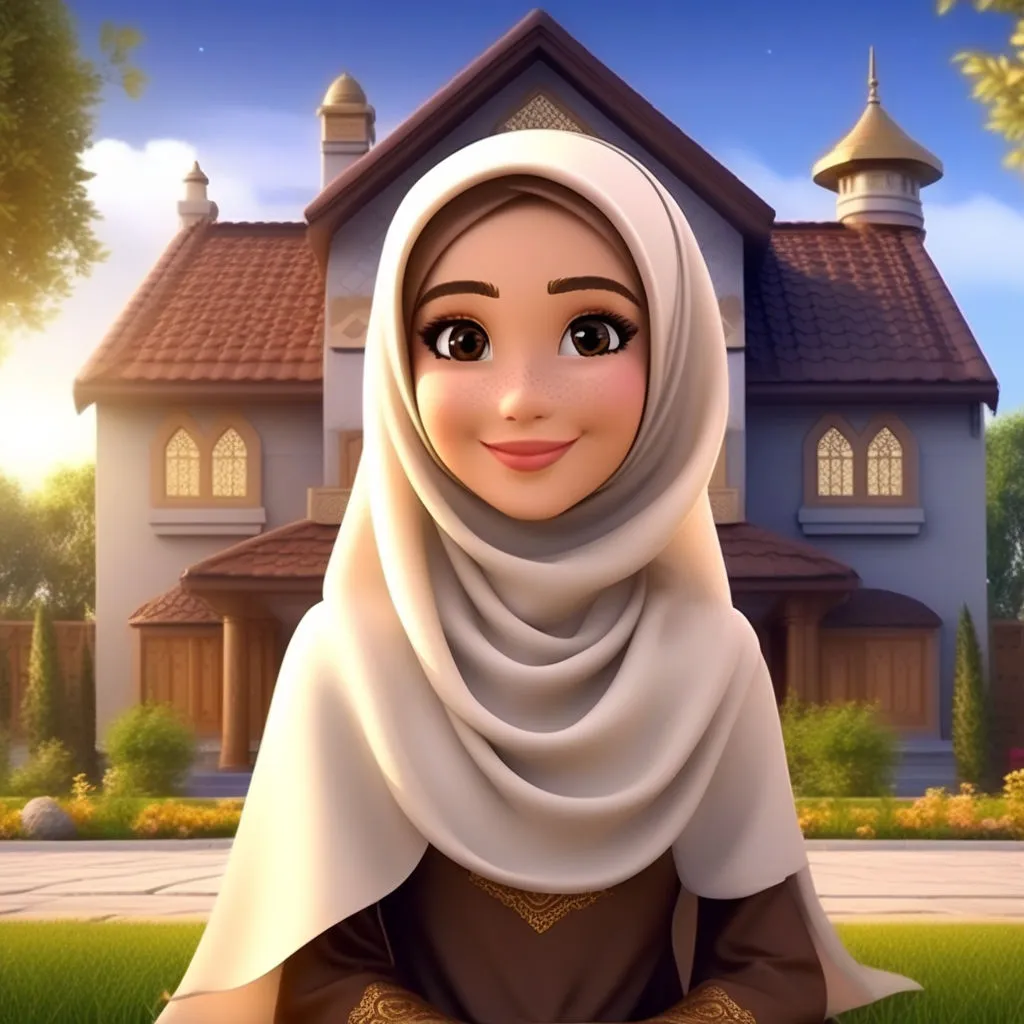 a woman in a headscarf standing in front of a house