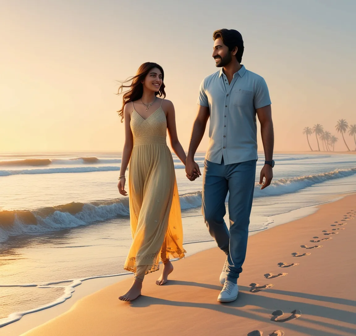 a man and a woman walking on a beach