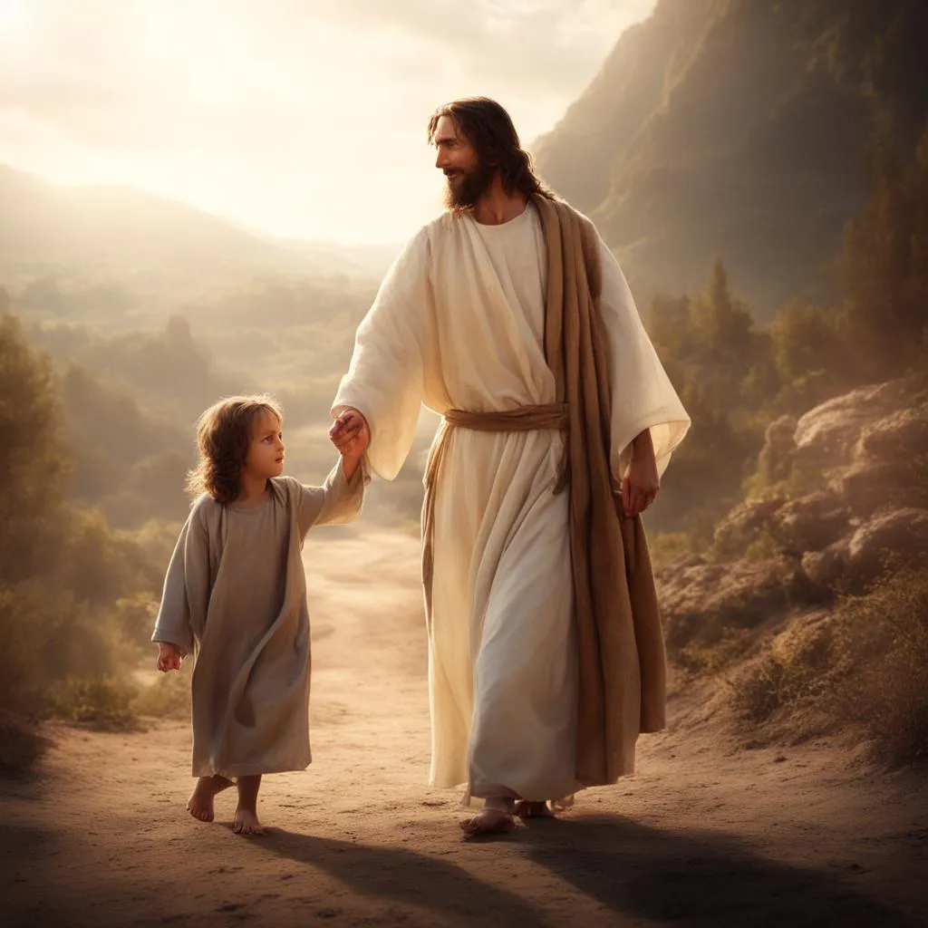 a little girl holding the hand of jesus