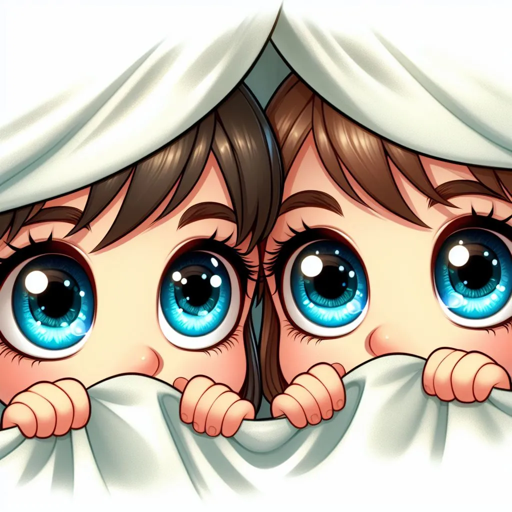 a couple of blue eyes peeking out from under a blanket