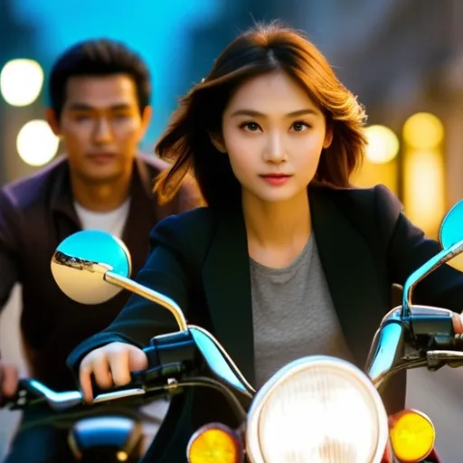 Close-up of the woman and man's faces, illuminated by the light of the street lamps as they speed through the city on their motorbikes