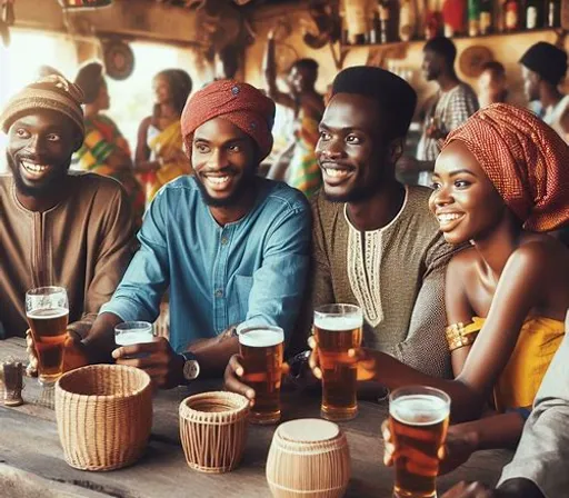 a group of people sitting at a table with beers