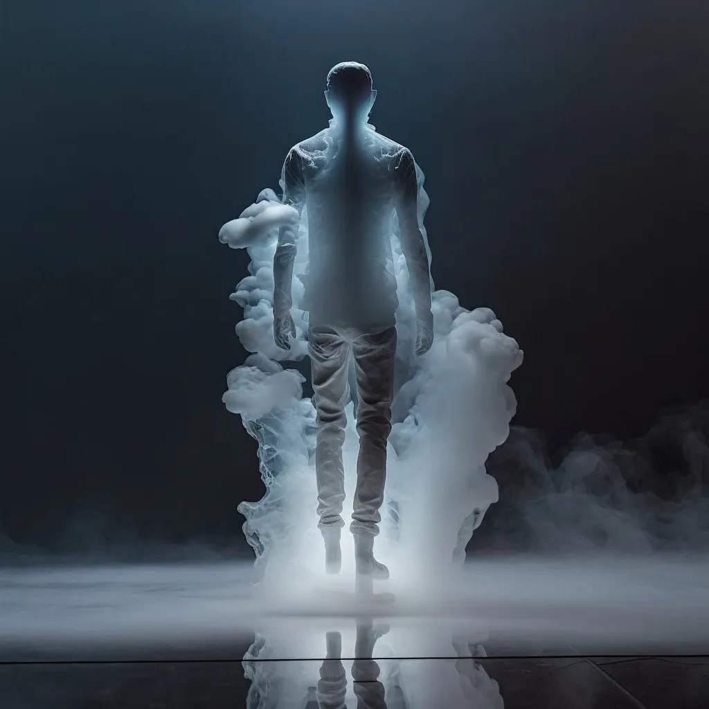 a man walking in front of a cloud of smoke