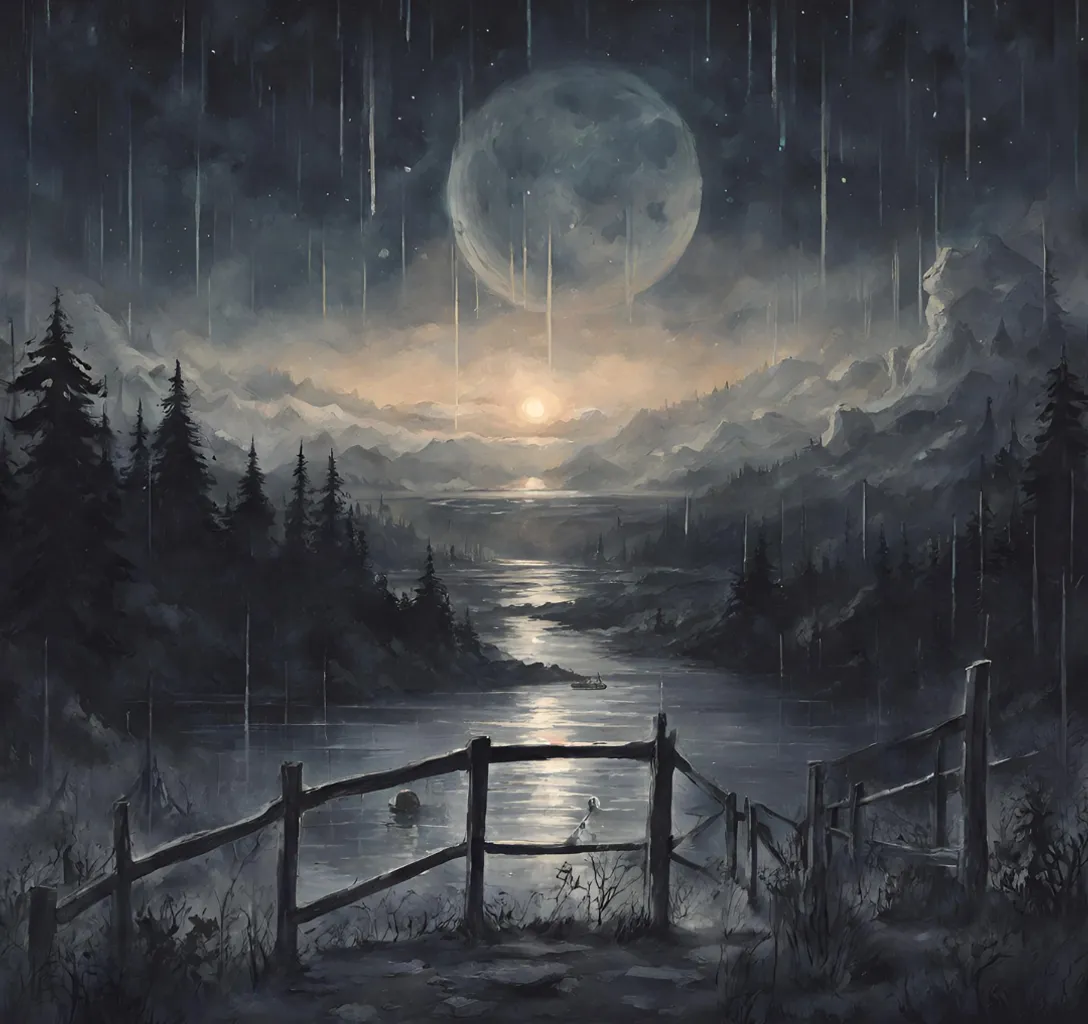 a painting of a night scene with a full moon