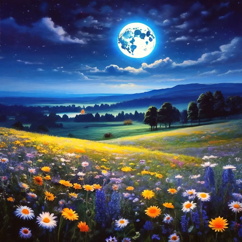 a painting of a field of wildflowers with a full moon in the background