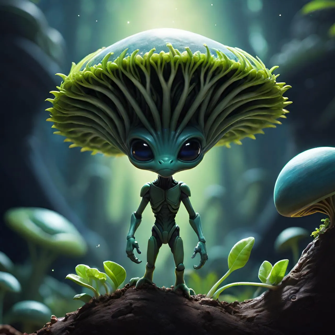 a small alien standing in the middle of a forest