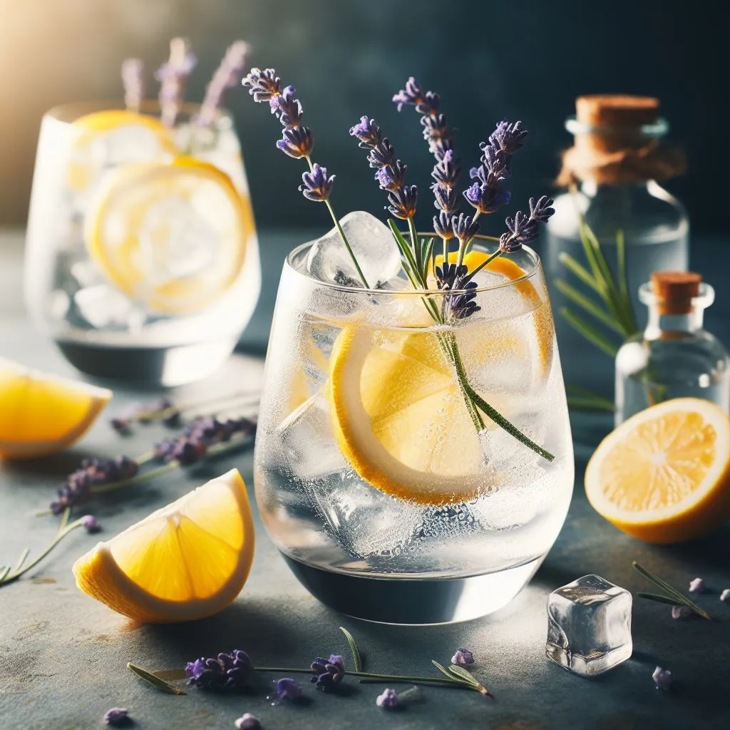 a couple of glasses filled with lemons and lavender