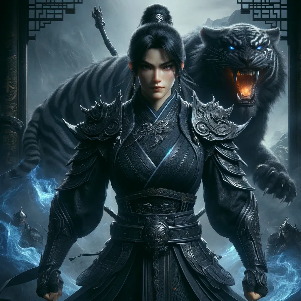 a woman in a black outfit standing next to a tiger，Please add a blue flame to the tiger