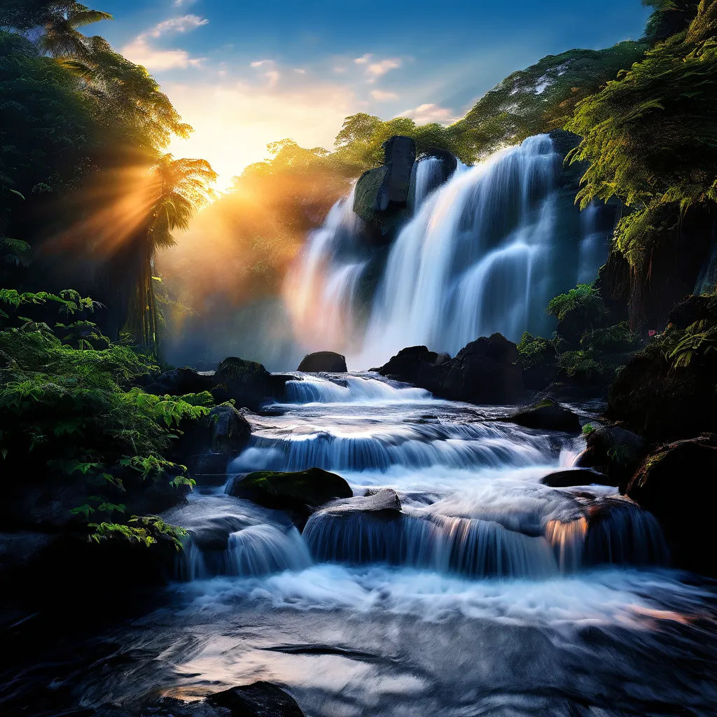 a painting of a waterfall in the middle of a forest